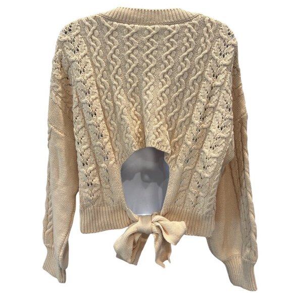 Windsor Open Back Tie Sweater‎ M | Chunky Cable Knit Cream Tan Fall Cozy NWT - Picture 2 of 5
